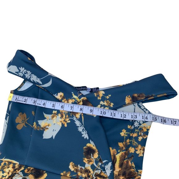 Boohoo Night Womens Teal Gold Floral Off Shoulder Fit And Flare Dress size 6 - Picture 12 of 13